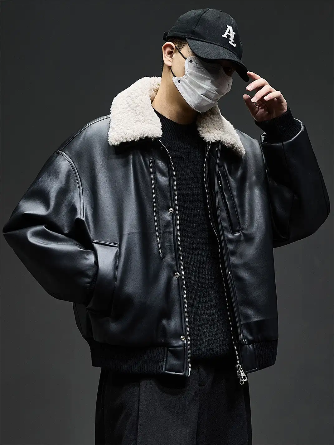 GURBAKS | Detachable Shearling Collar Leather Bomber Jacket