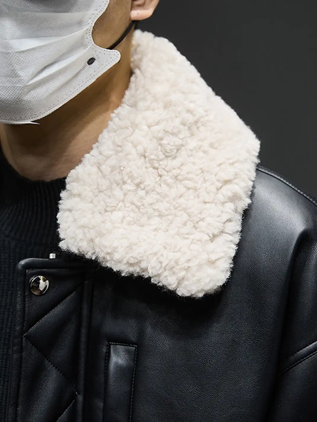 GURBAKS | Detachable Shearling Collar Leather Bomber Jacket