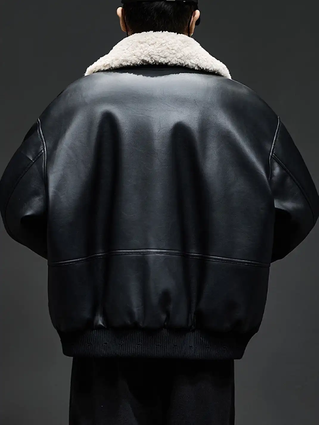 GURBAKS | Detachable Shearling Collar Leather Bomber Jacket