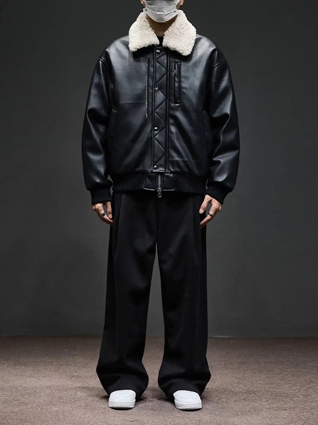GURBAKS | Detachable Shearling Collar Leather Bomber Jacket