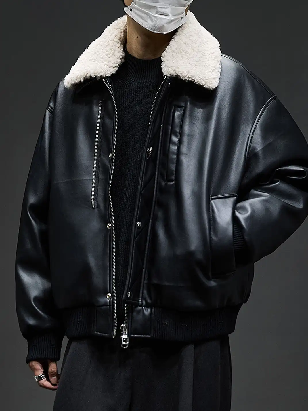 GURBAKS | Detachable Shearling Collar Leather Bomber Jacket