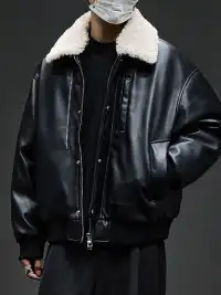 GURBAKS | Detachable Shearling Collar Leather Bomber Jacket