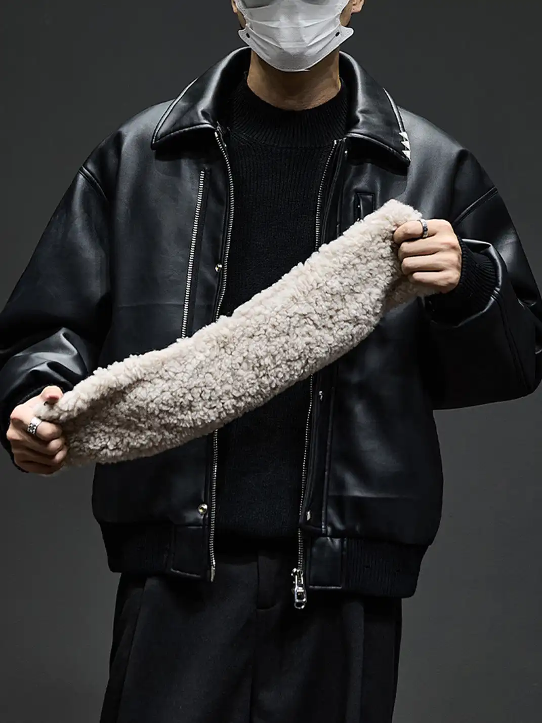 GURBAKS | Detachable Shearling Collar Leather Bomber Jacket