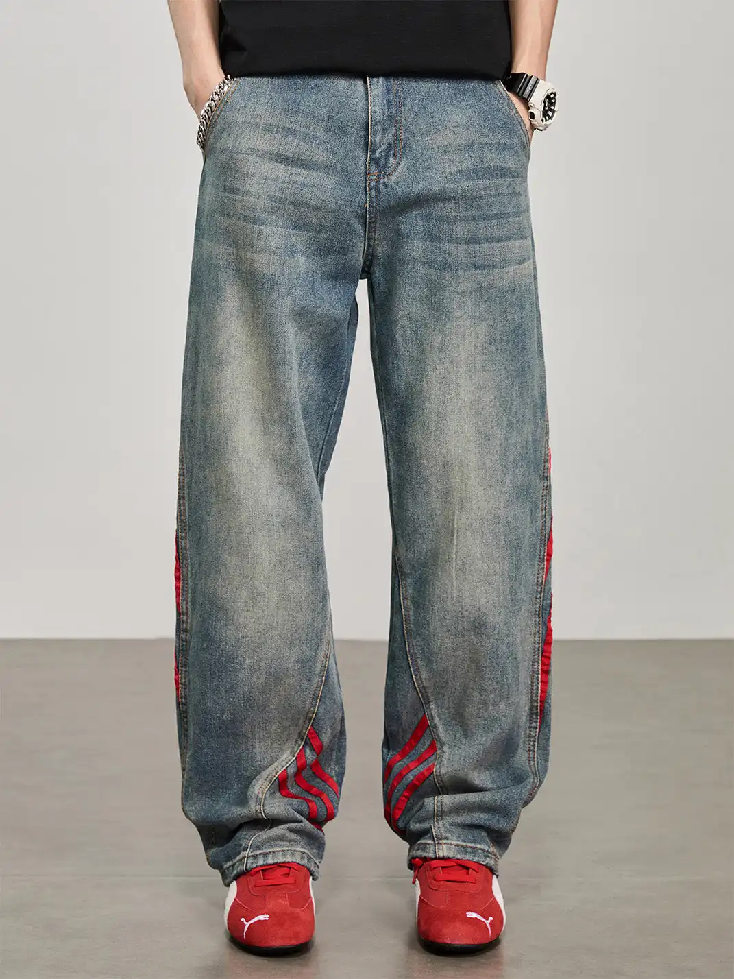 GURBAKS | Color Block Wide-Leg Denim Pants with Stripes