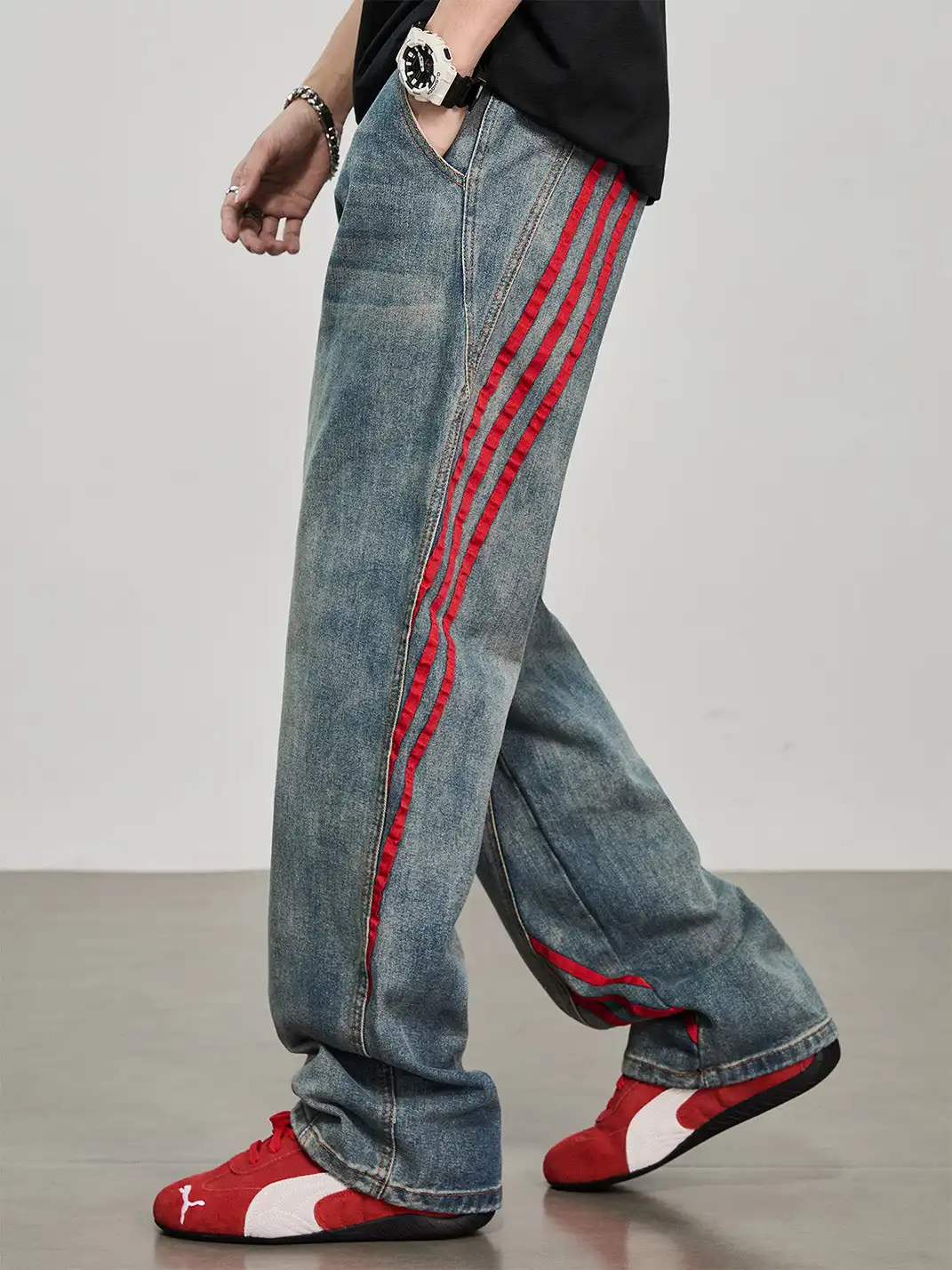 GURBAKS | Color Block Wide-Leg Denim Pants with Stripes