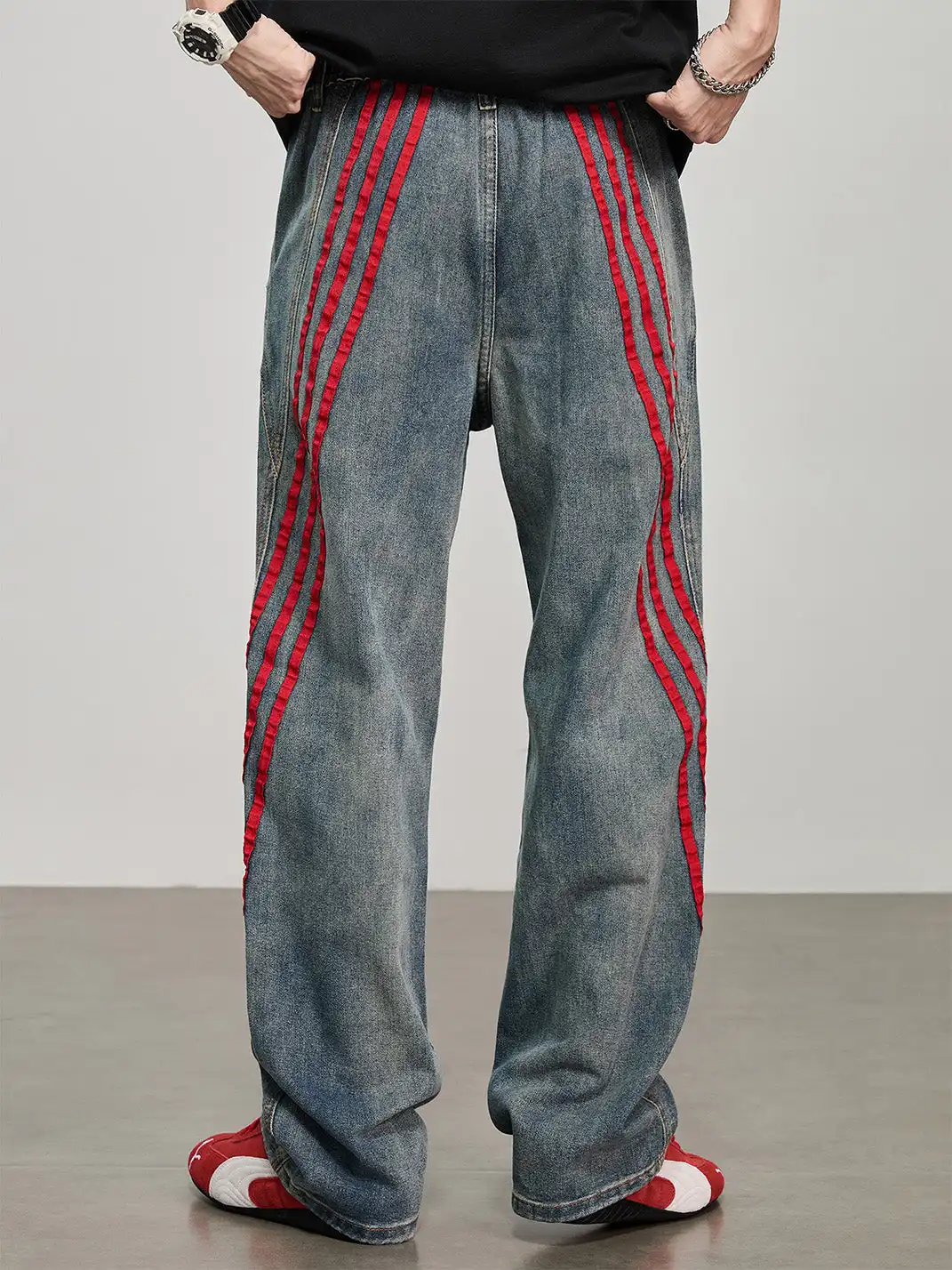 GURBAKS | Color Block Wide-Leg Denim Pants with Stripes