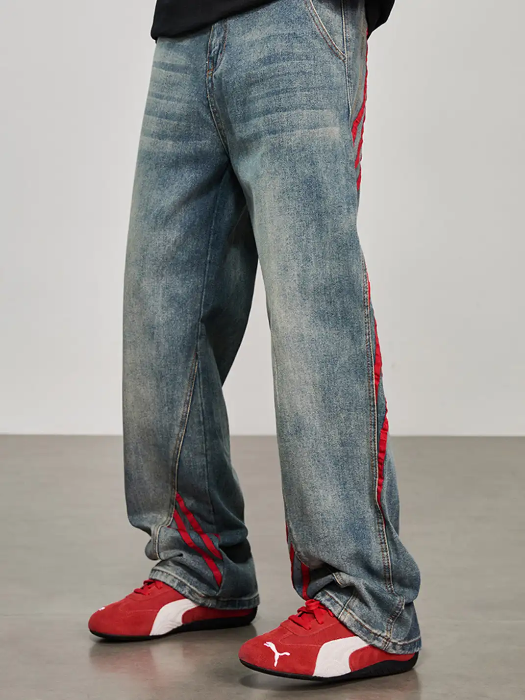 GURBAKS | Color Block Wide-Leg Denim Pants with Stripes