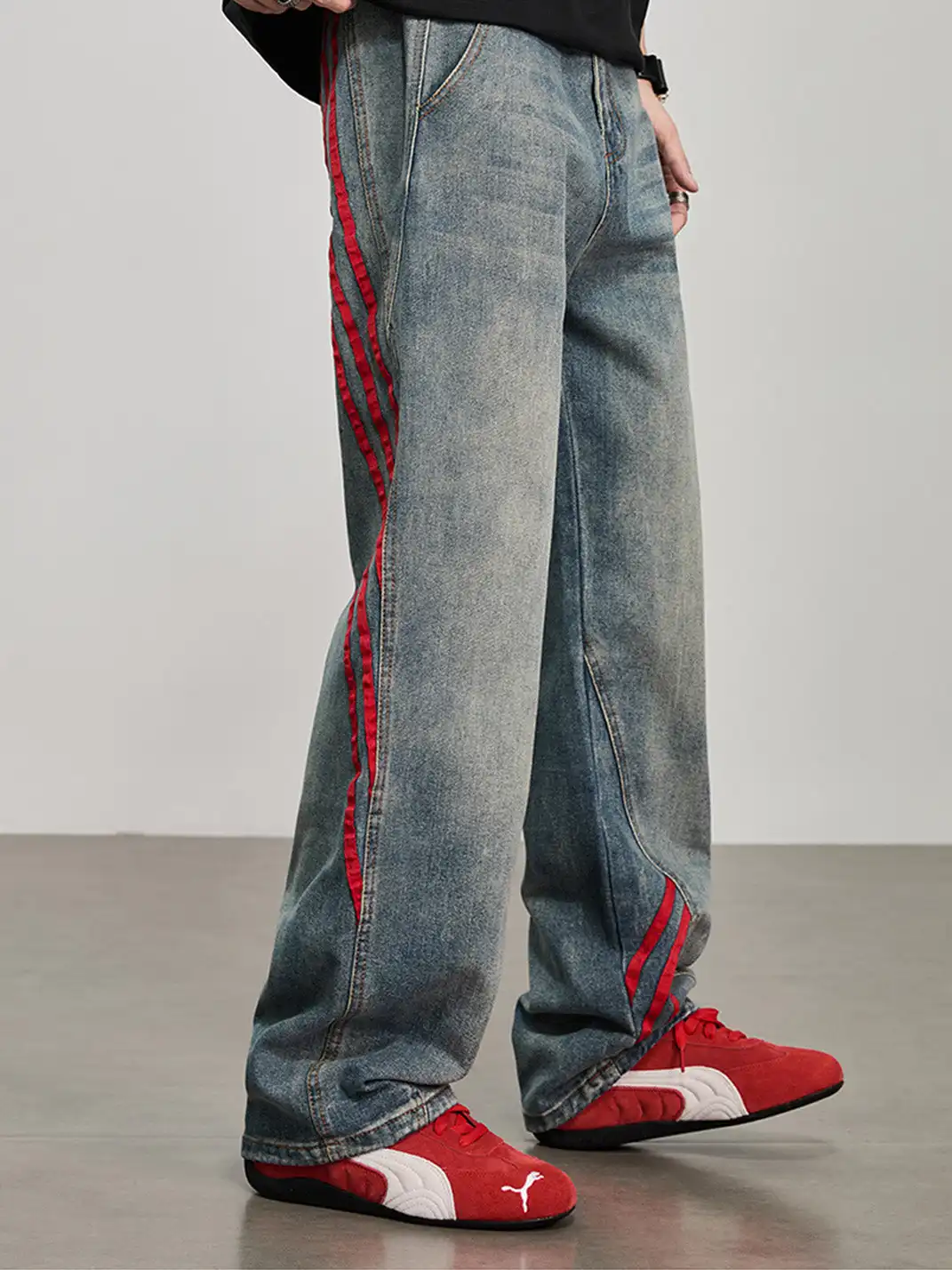 GURBAKS | Color Block Wide-Leg Denim Pants with Stripes