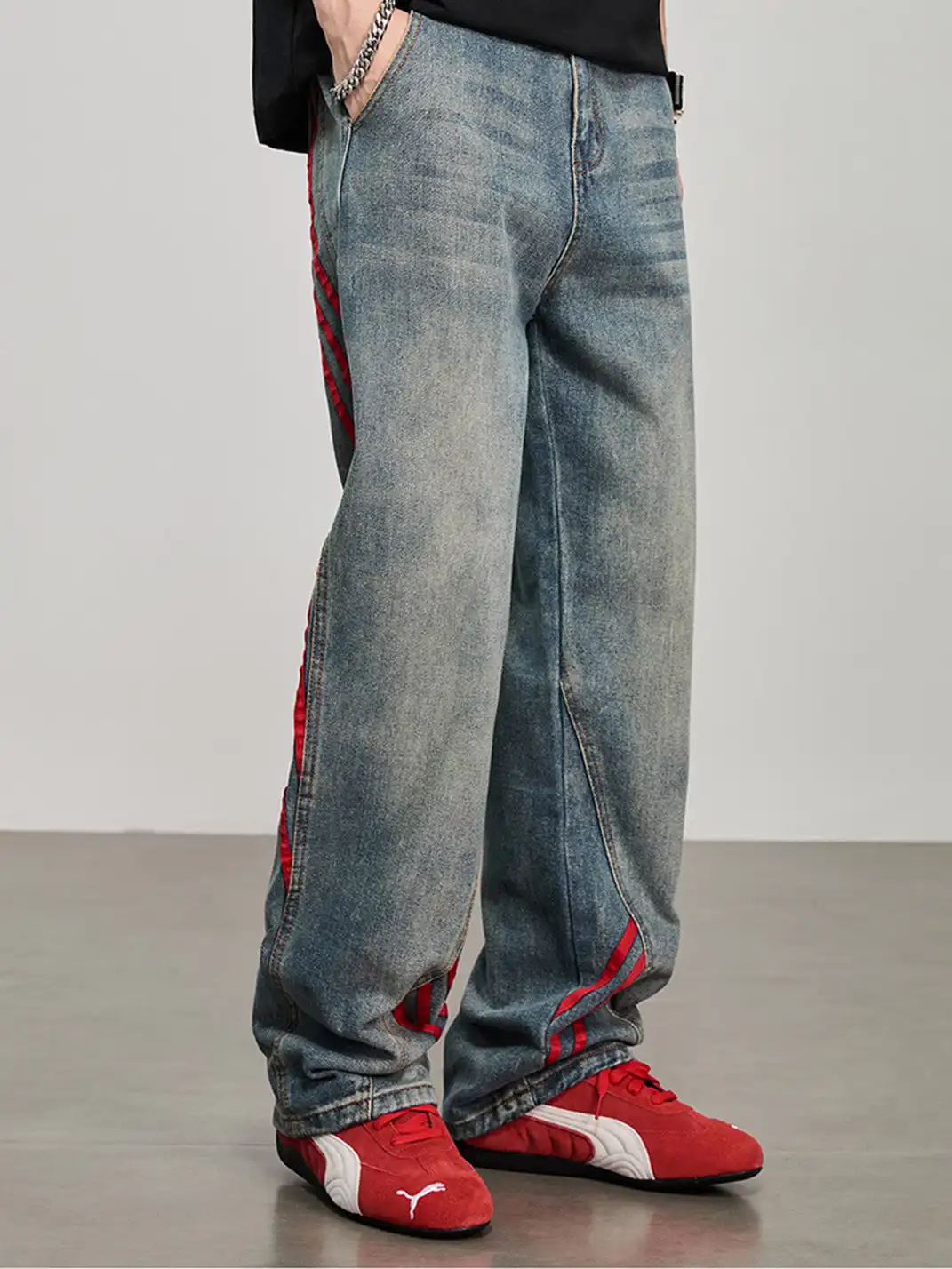 GURBAKS | Color Block Wide-Leg Denim Pants with Stripes