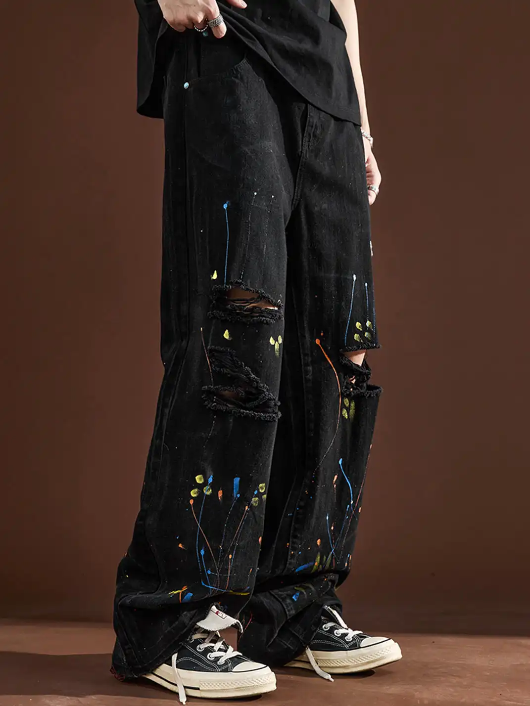 GURBAKS | Street Style Paint Splatter Ripped Wide-Leg Jeans