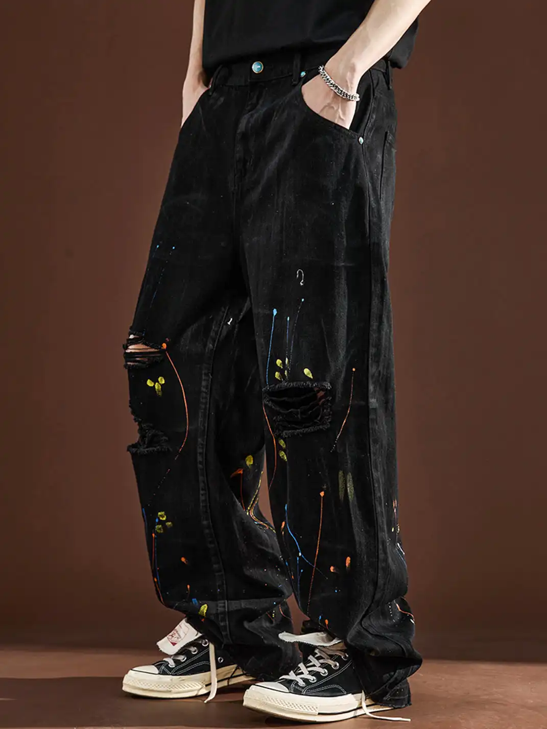 GURBAKS | Street Style Paint Splatter Ripped Wide-Leg Jeans
