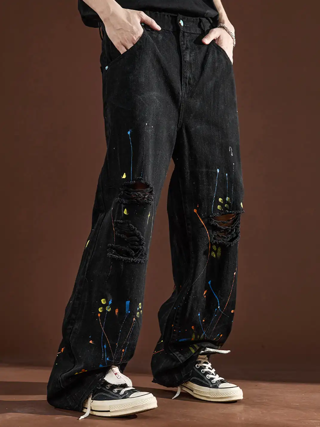 GURBAKS | Street Style Paint Splatter Ripped Wide-Leg Jeans