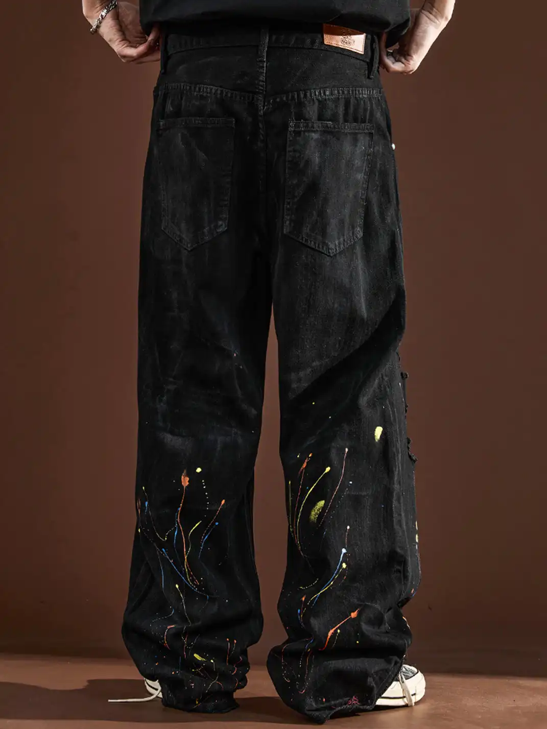 GURBAKS | Street Style Paint Splatter Ripped Wide-Leg Jeans