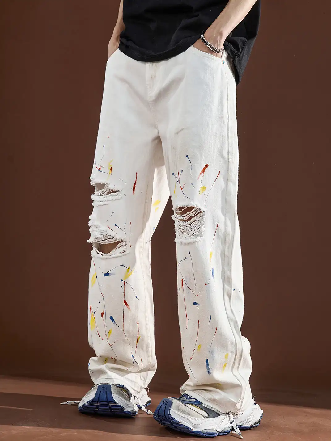 GURBAKS | Street Style Paint Splatter Ripped Wide-Leg Jeans