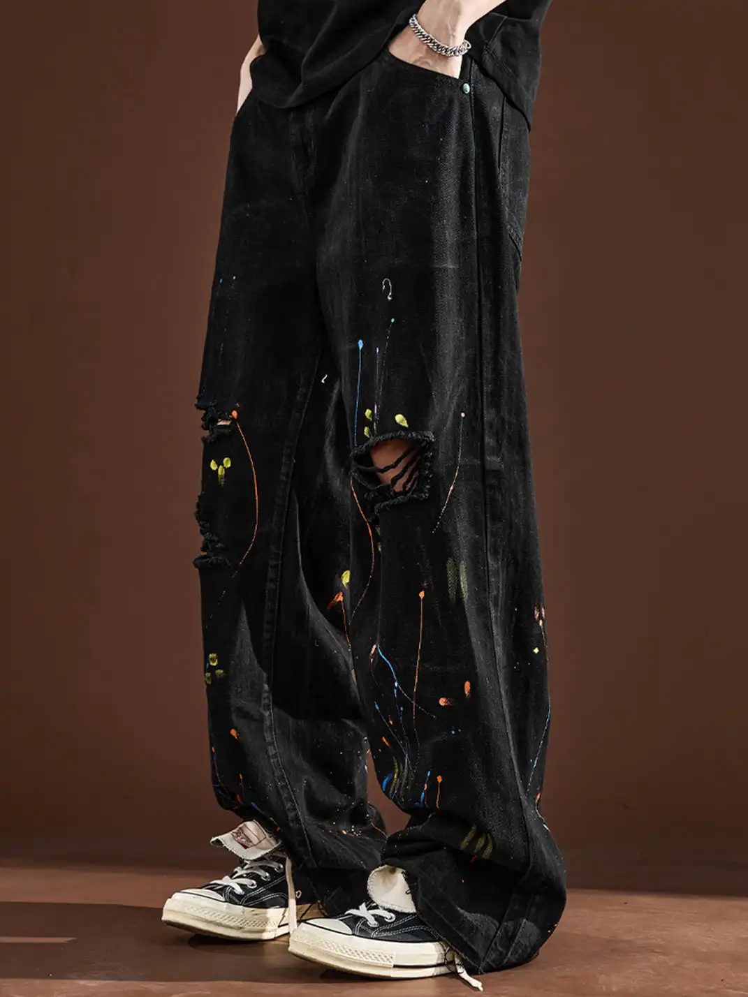 GURBAKS | Street Style Paint Splatter Ripped Wide-Leg Jeans