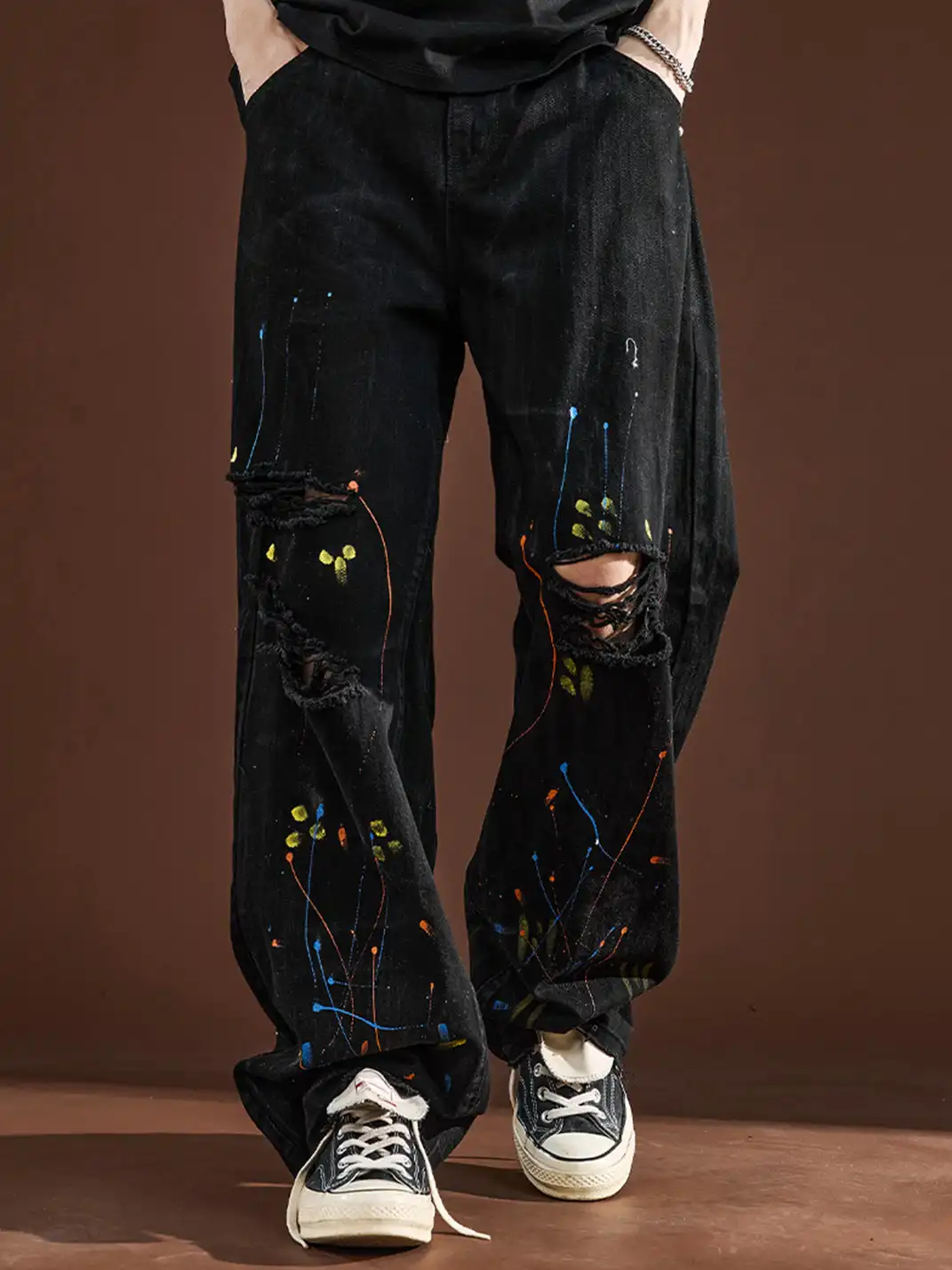 GURBAKS | Street Style Paint Splatter Ripped Wide-Leg Jeans
