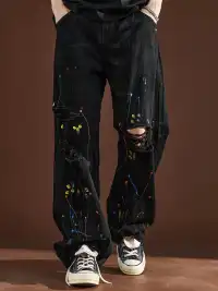 GURBAKS | Street Style Paint Splatter Ripped Wide-Leg Jeans