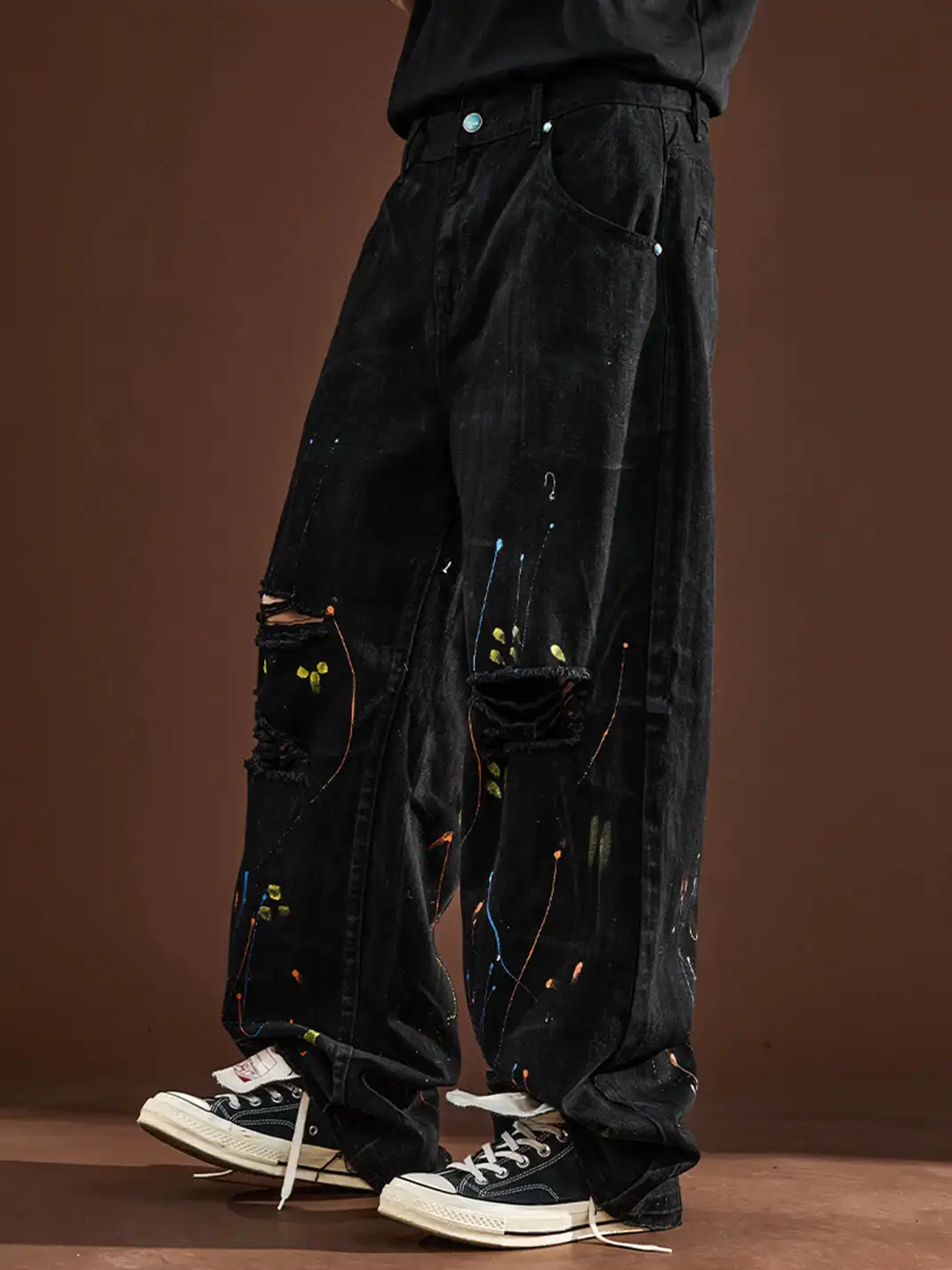 GURBAKS | Street Style Paint Splatter Ripped Wide-Leg Jeans