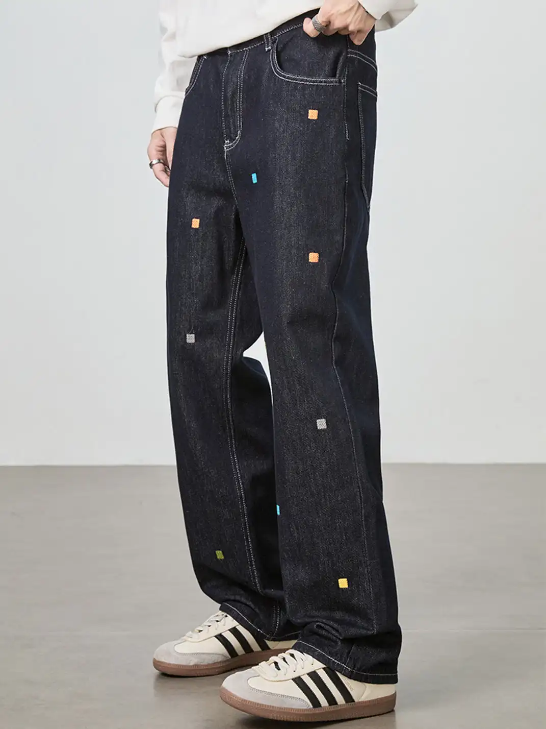 GURBAKS | Street Style Embroidered Wide-Leg Denim Pants