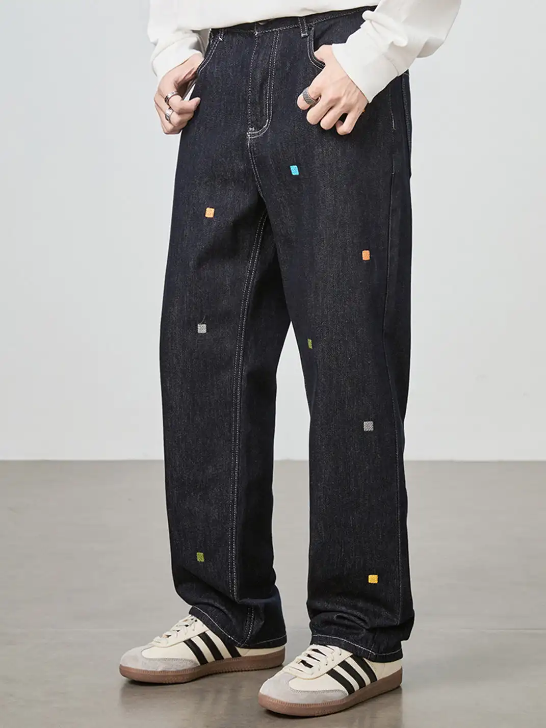 GURBAKS | Street Style Embroidered Wide-Leg Denim Pants