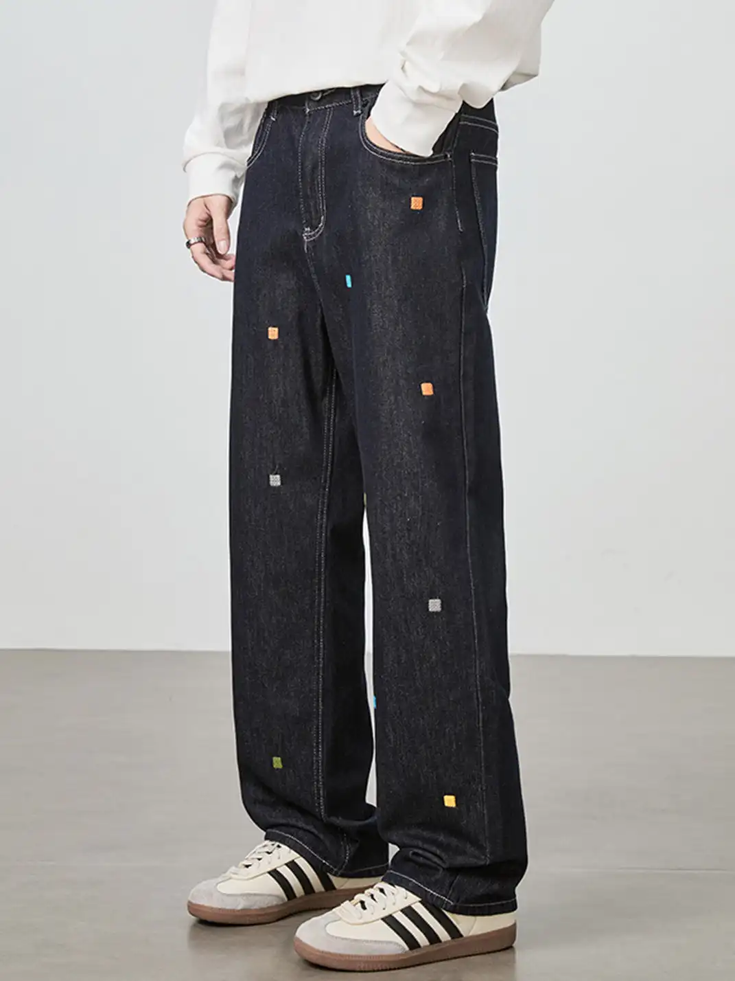 GURBAKS | Street Style Embroidered Wide-Leg Denim Pants