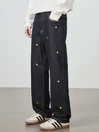 GURBAKS | Street Style Embroidered Wide-Leg Denim Pants