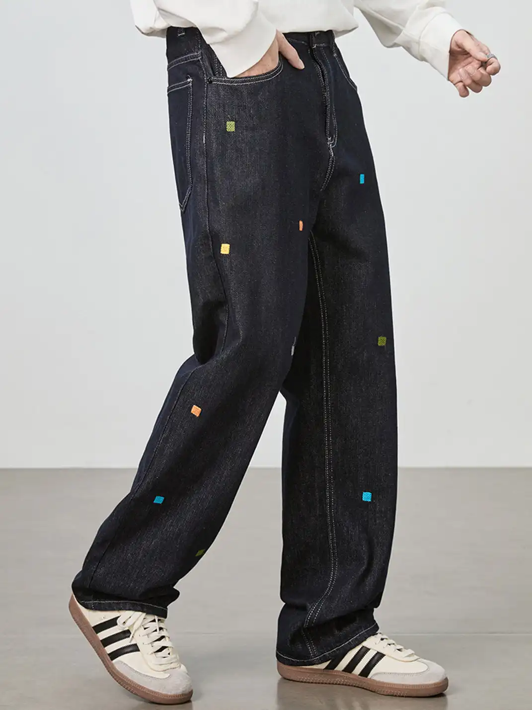 GURBAKS | Street Style Embroidered Wide-Leg Denim Pants