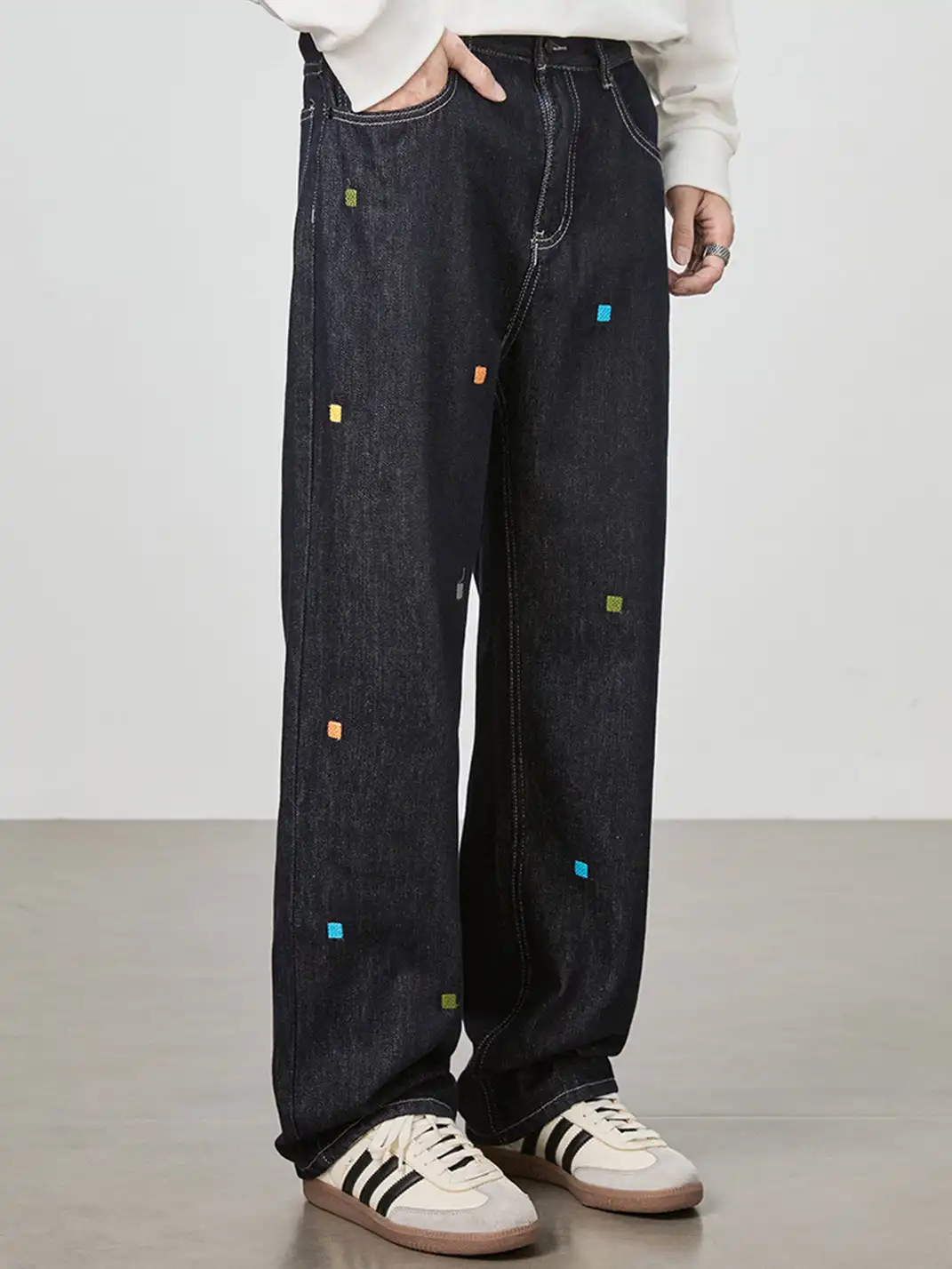 GURBAKS | Street Style Embroidered Wide-Leg Denim Pants