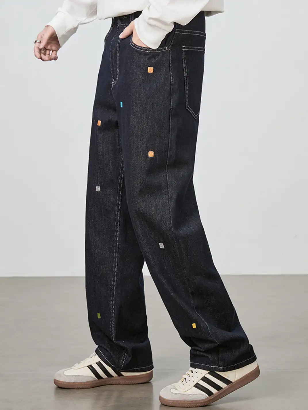 GURBAKS | Street Style Embroidered Wide-Leg Denim Pants
