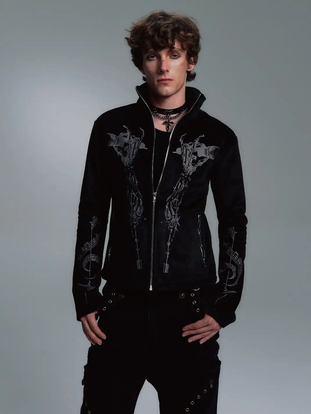 PAIKI | Skull Singer & Music Note Velvet Zip Jacket