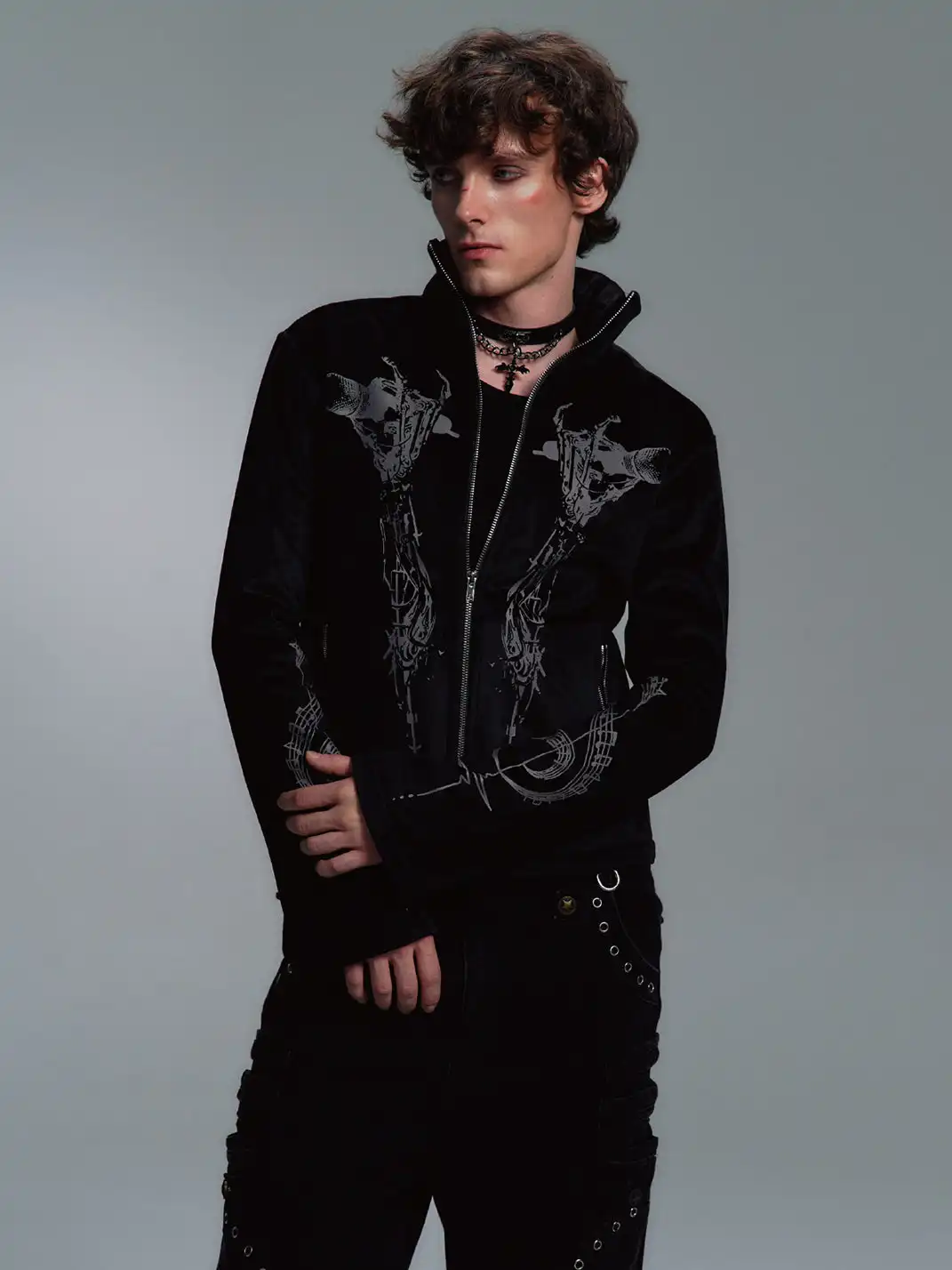 PAIKI | Skull Singer & Music Note Velvet Zip Jacket