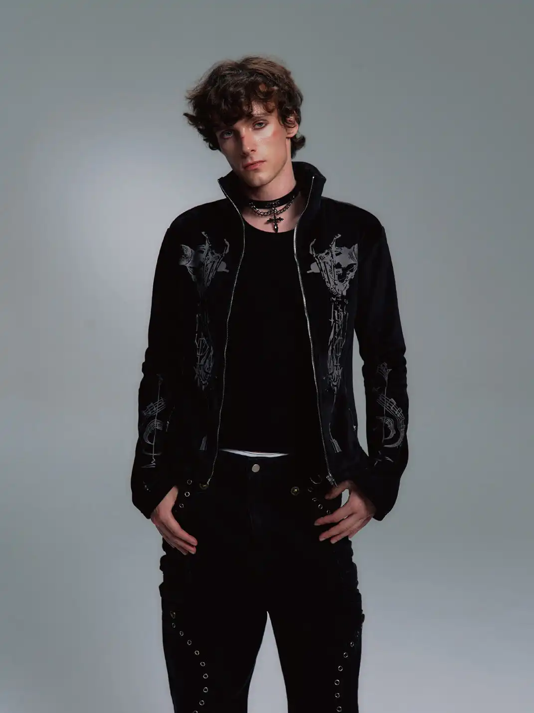PAIKI | Skull Singer & Music Note Velvet Zip Jacket