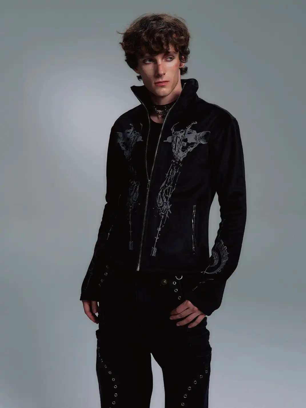 PAIKI | Skull Singer & Music Note Velvet Zip Jacket