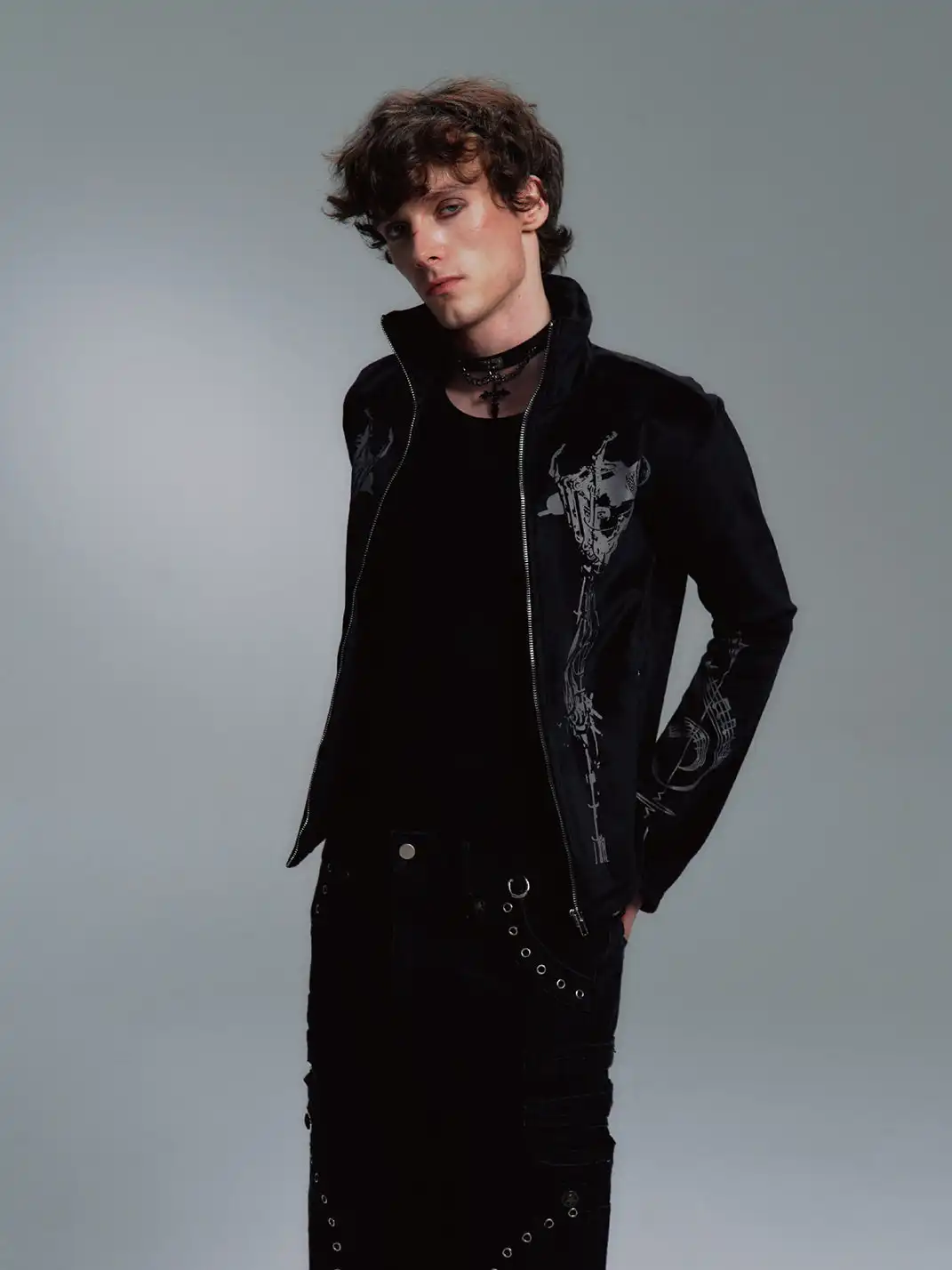 PAIKI | Skull Singer & Music Note Velvet Zip Jacket
