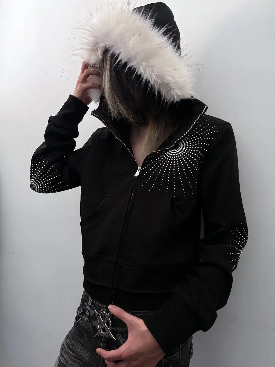 PAIKI | Faux Fur Hooded Visual Aesthetic Zip Sweatshirt