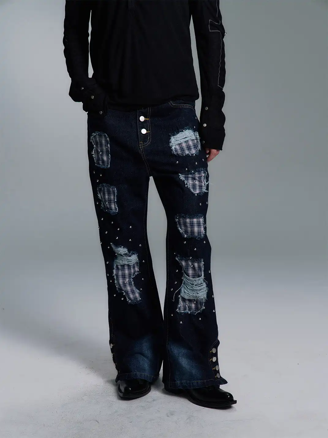 PAIKI | Plaid Patchwork Distressed Denim Pants