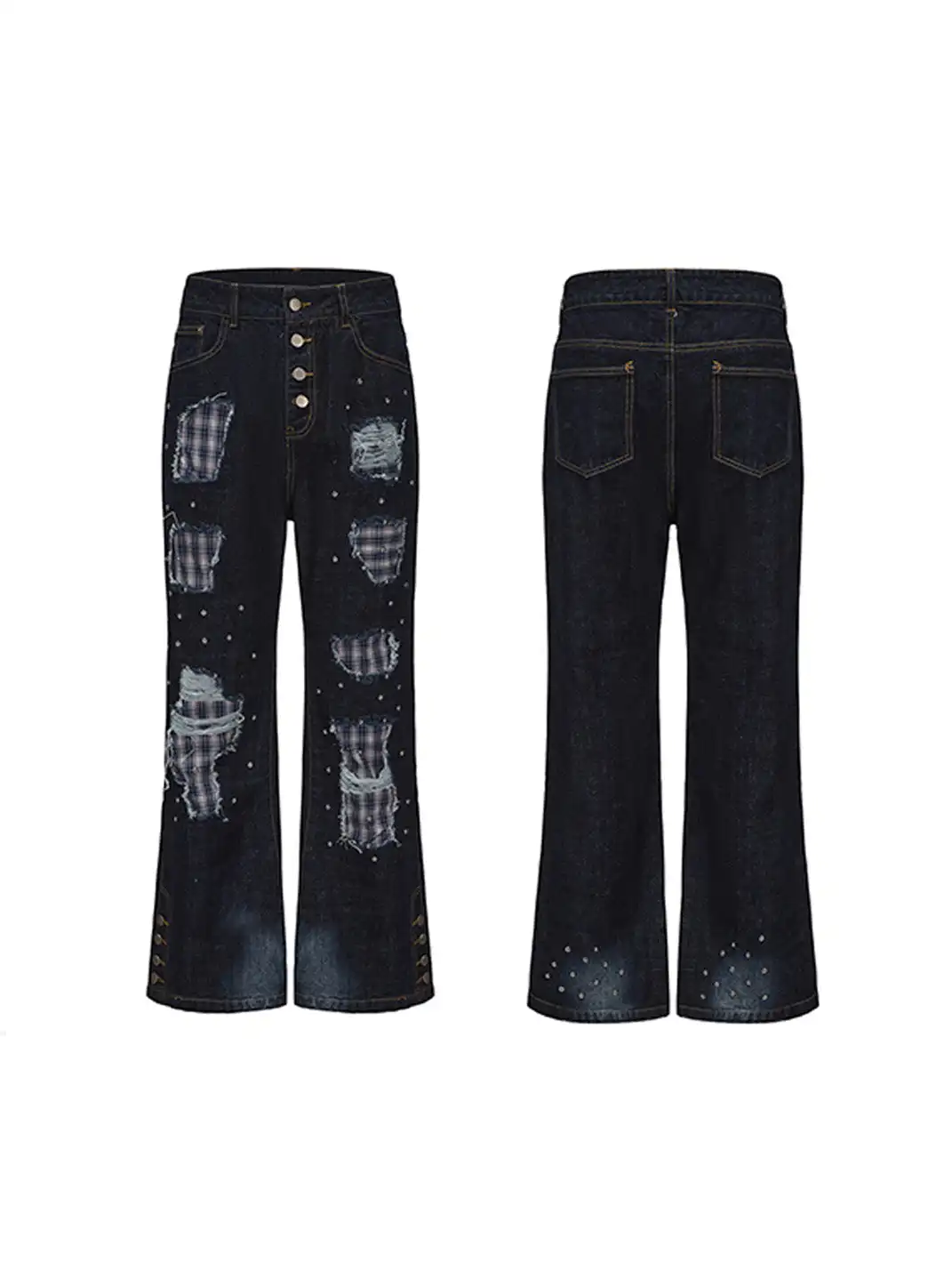 PAIKI | Plaid Patchwork Distressed Denim Pants