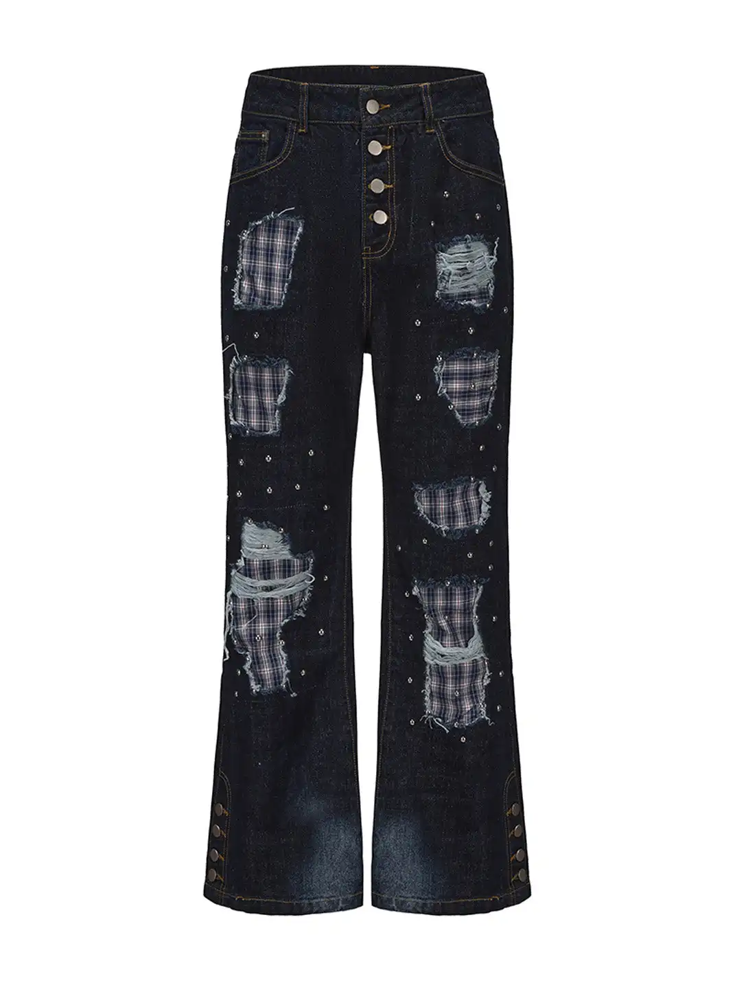 PAIKI | Plaid Patchwork Distressed Denim Pants