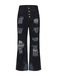 PAIKI | Plaid Patchwork Distressed Denim Pants
