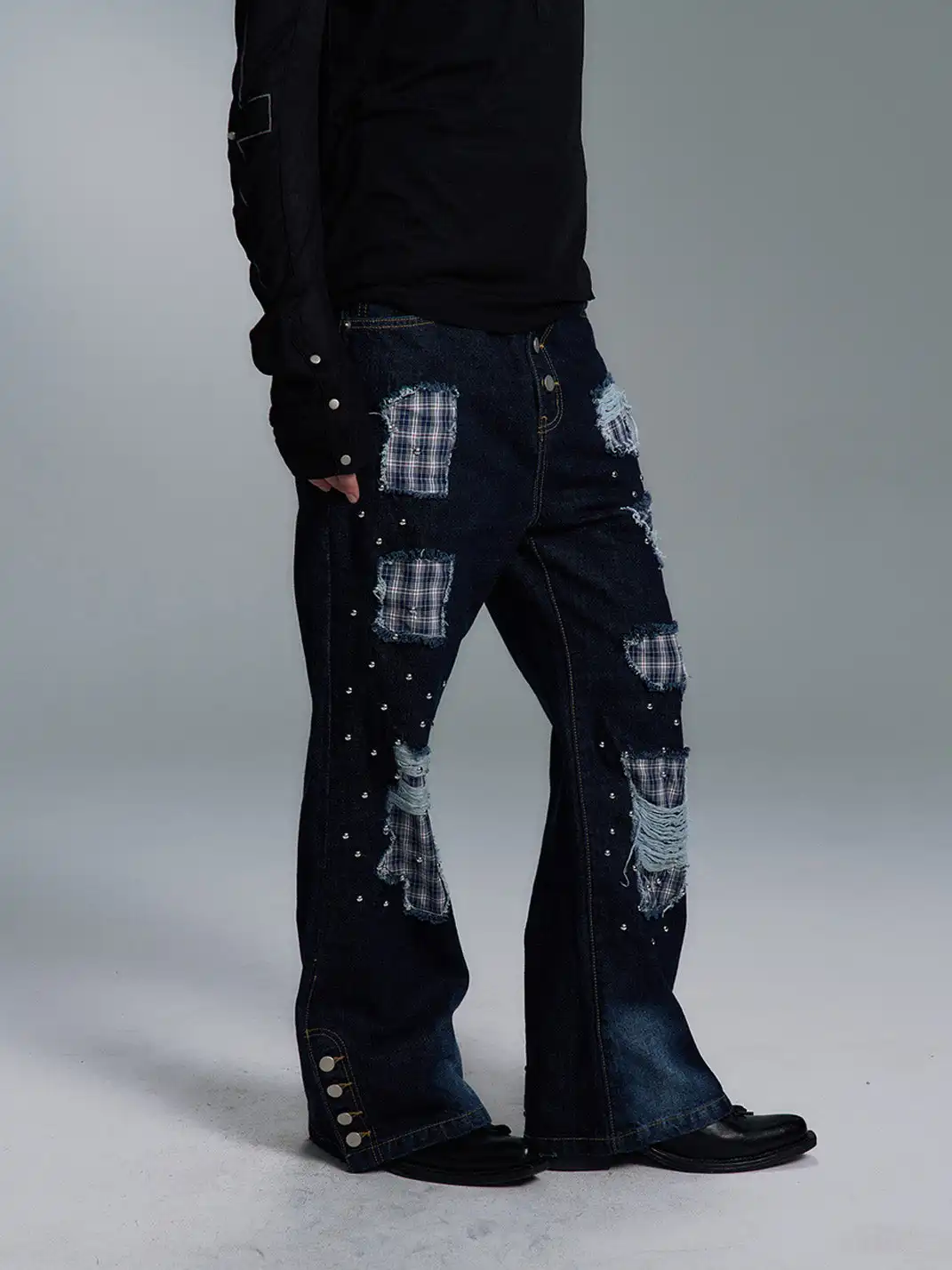 PAIKI | Plaid Patchwork Distressed Denim Pants