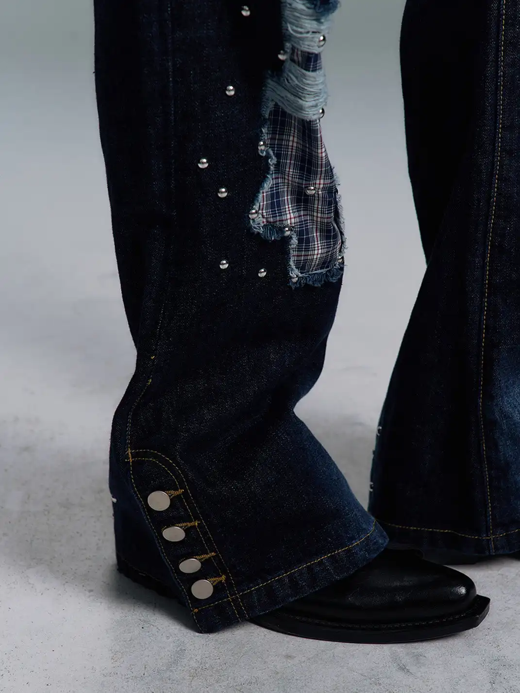 PAIKI | Plaid Patchwork Distressed Denim Pants