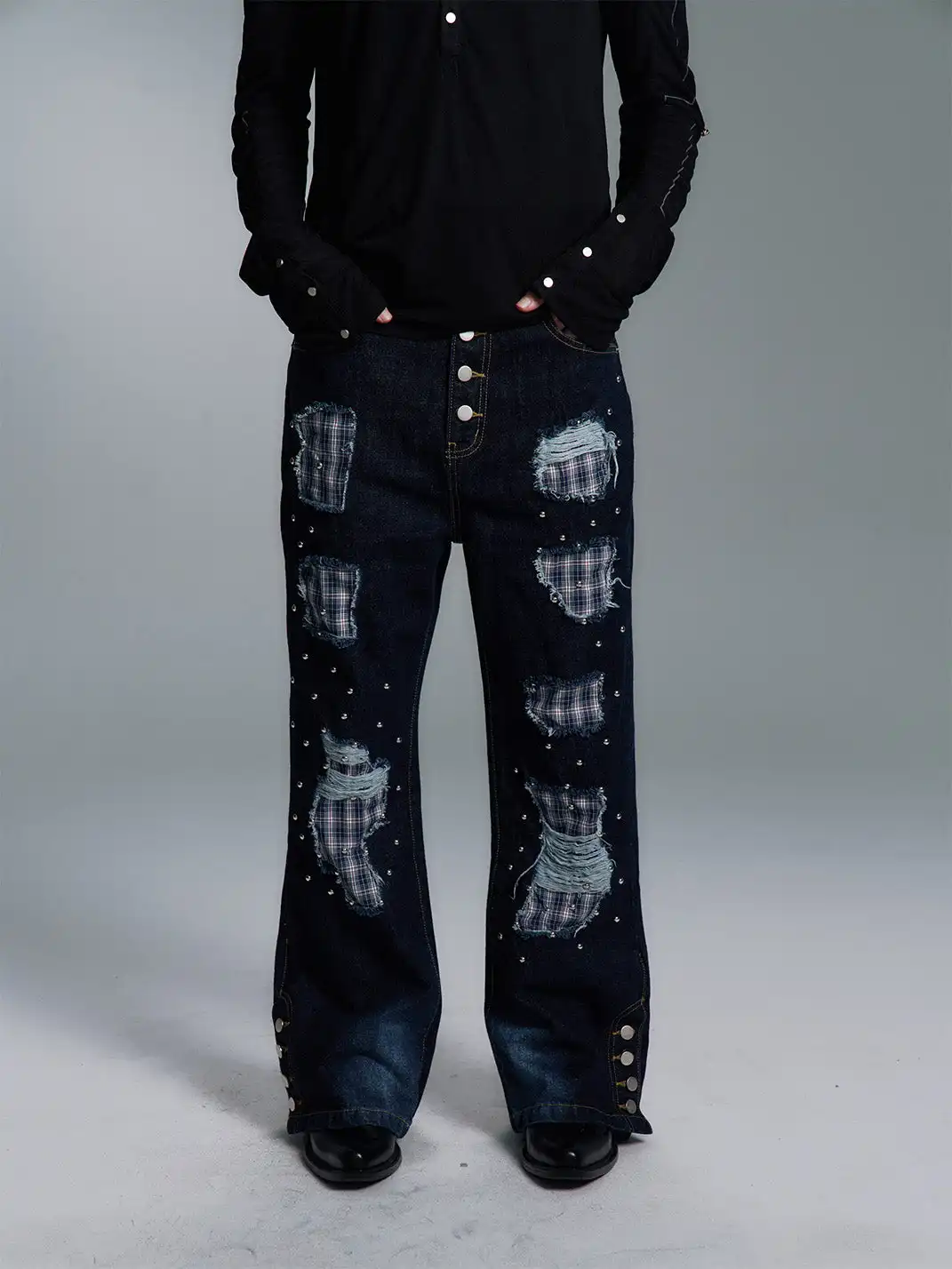 PAIKI | Plaid Patchwork Distressed Denim Pants