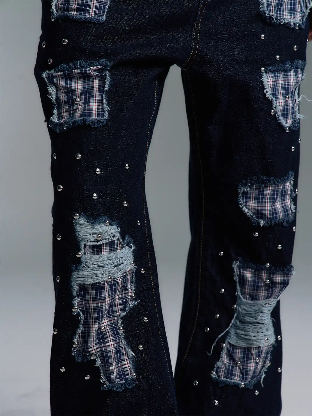PAIKI | Plaid Patchwork Distressed Denim Pants