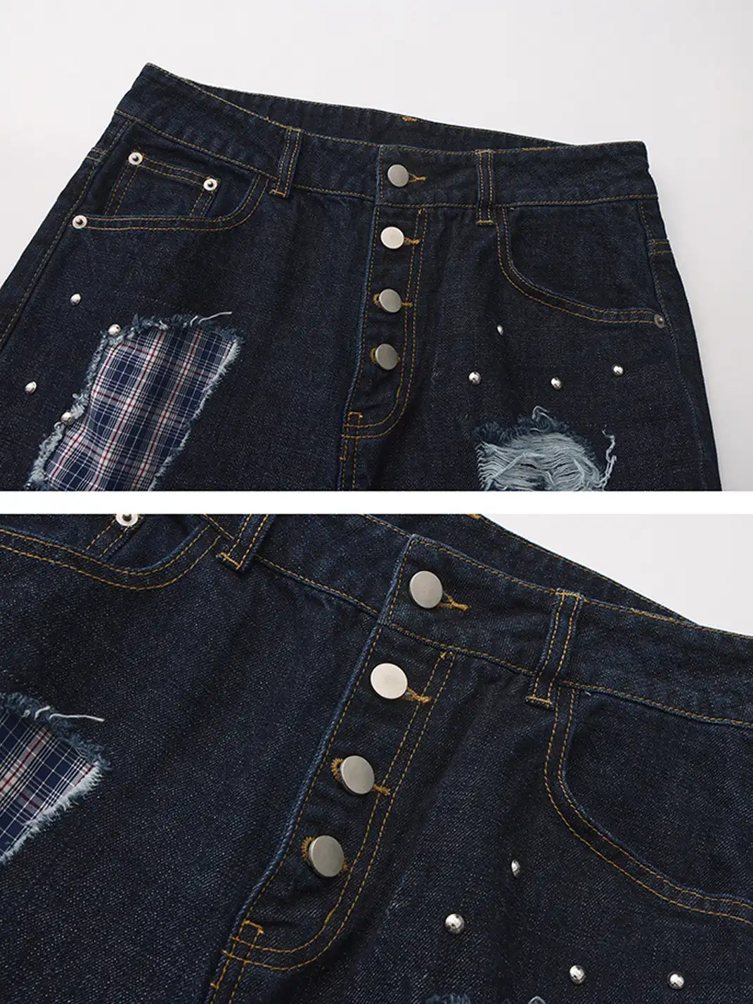 PAIKI | Plaid Patchwork Distressed Denim Pants