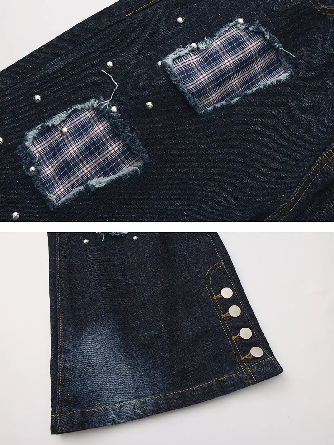 PAIKI | Plaid Patchwork Distressed Denim Pants