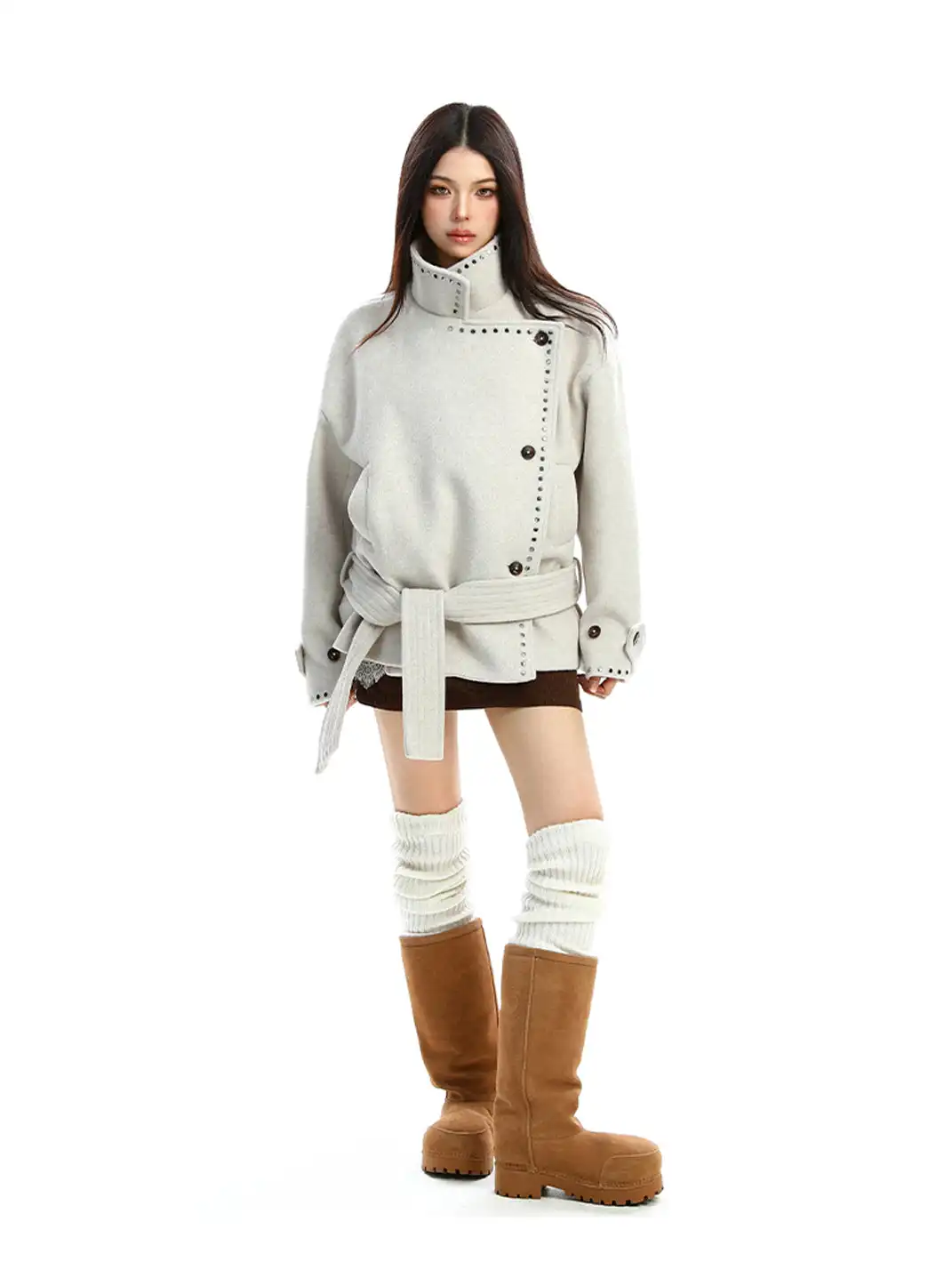 BIGGOLD | Studded Stand-Collar Short Wool Coat