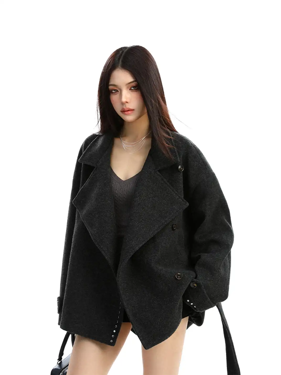 BIGGOLD | Studded Stand-Collar Short Wool Coat