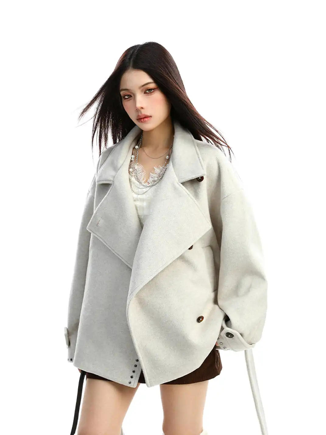 BIGGOLD | Studded Stand-Collar Short Wool Coat