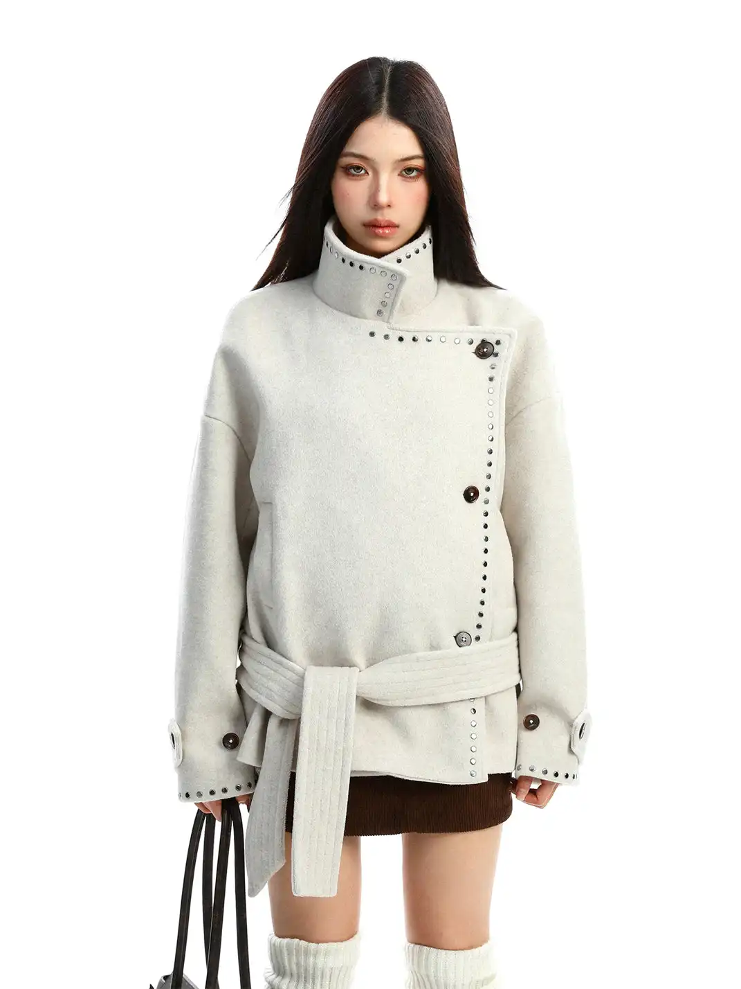 BIGGOLD | Studded Stand-Collar Short Wool Coat