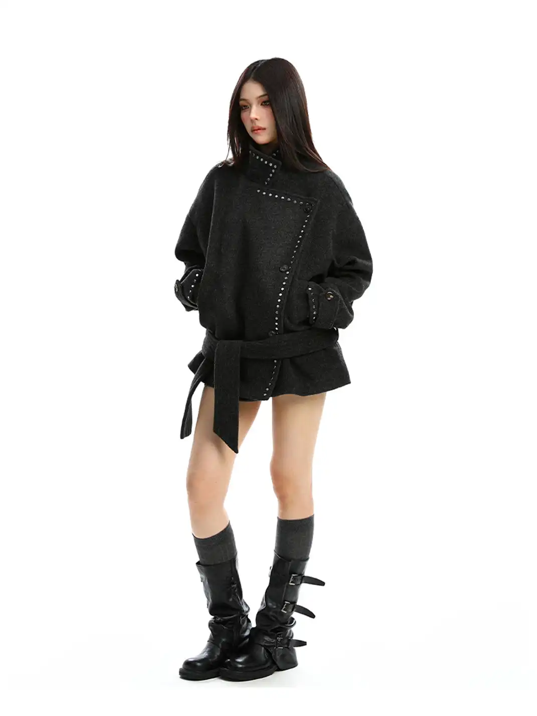 BIGGOLD | Studded Stand-Collar Short Wool Coat
